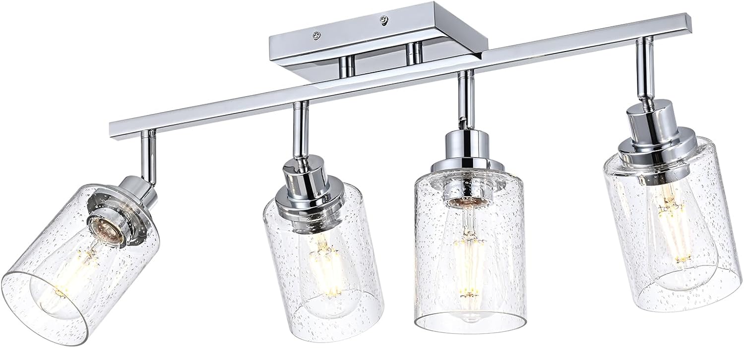 4-Light Multi-Directional Rotating Track Light Fixture Ceiling Track Lighting Heads with Seeded Glass Chrome Track Lighting Kit Bathroom Vanity Light Spotlight Fixtures for Kitchen Accent Shop