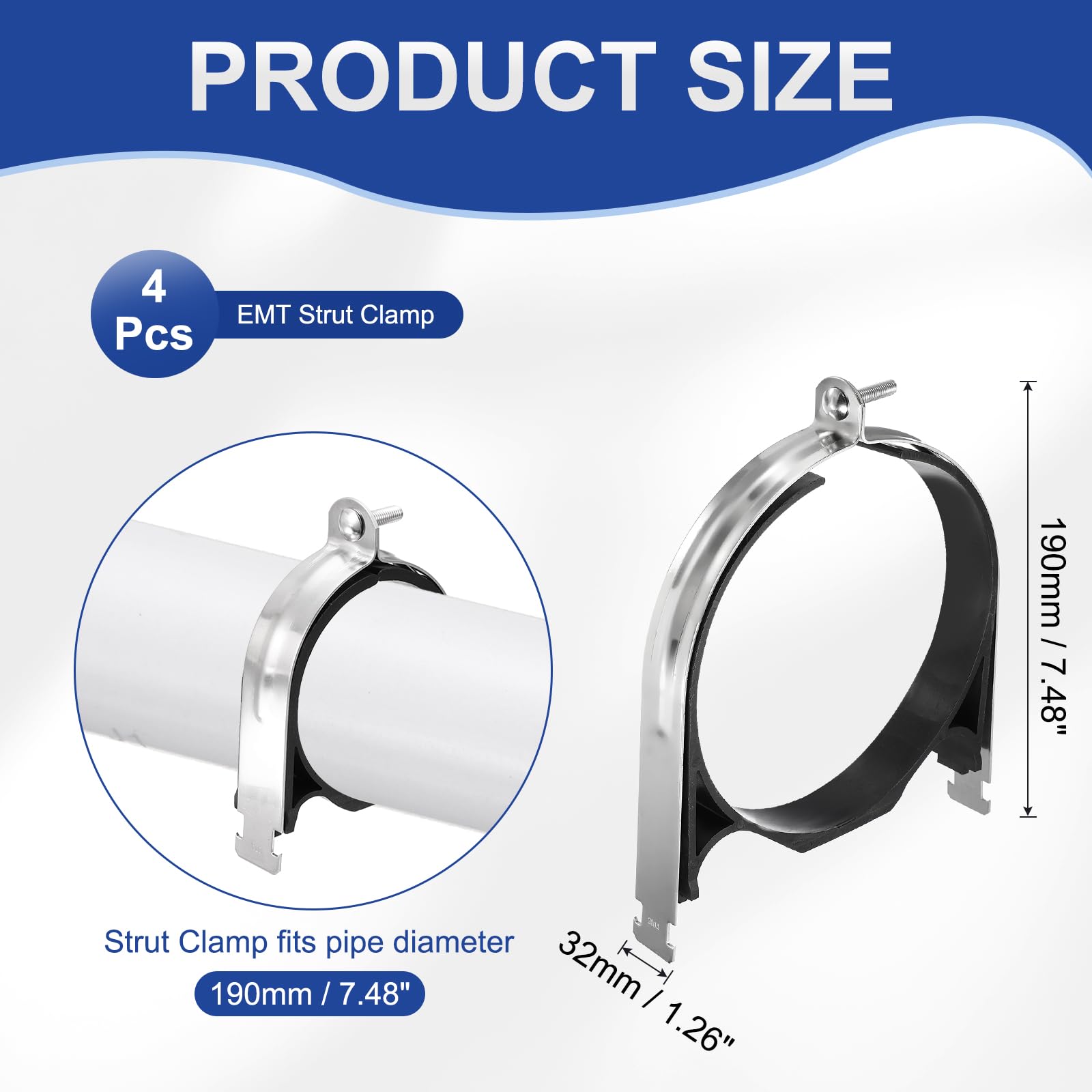 QUARKZMAN 4 Piezas Abrazadera De Soporte Con Amortiguador De Goma 7-1/2" Universal Abrazaderas De Soporte De Acero Inoxidable 304 Con Tornillo Y Tuerca Para Tubería De Cobre PEX Tubos CVPC