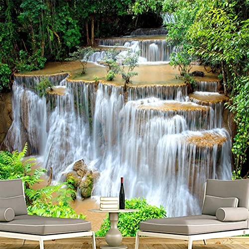 Green Forest Waterfall Wall Mural Wallpaper, Natural Landscape 3D Wall Stickers Murals, Seamless Silk Large Wall Decals For Children's Room Living Room Sofa Study Background Wall 98.4''W X 68.9''H #TOP30