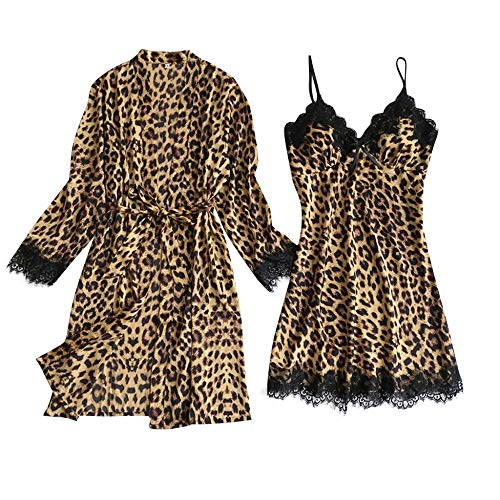 HAIBI Damen Bademantel Morgenmantel Sexy Leopard Pajama Set Satin Silk Cardigan Nightdress Bathrobe Ladies Sleepwear Home Clothes,XXL Cover