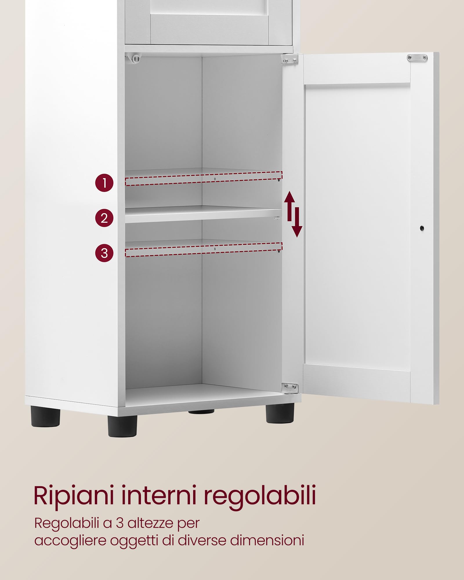 VASAGLE Mobile da Bagno Salvaspazio, Mobile a Colonna, Mobile Alto, Ripiano Aperto, Anta in Vetro, Mobiletto Bagno con Piedini, Ripiani Regolabili in Altezza, Bianco Nuvola BBK163W01