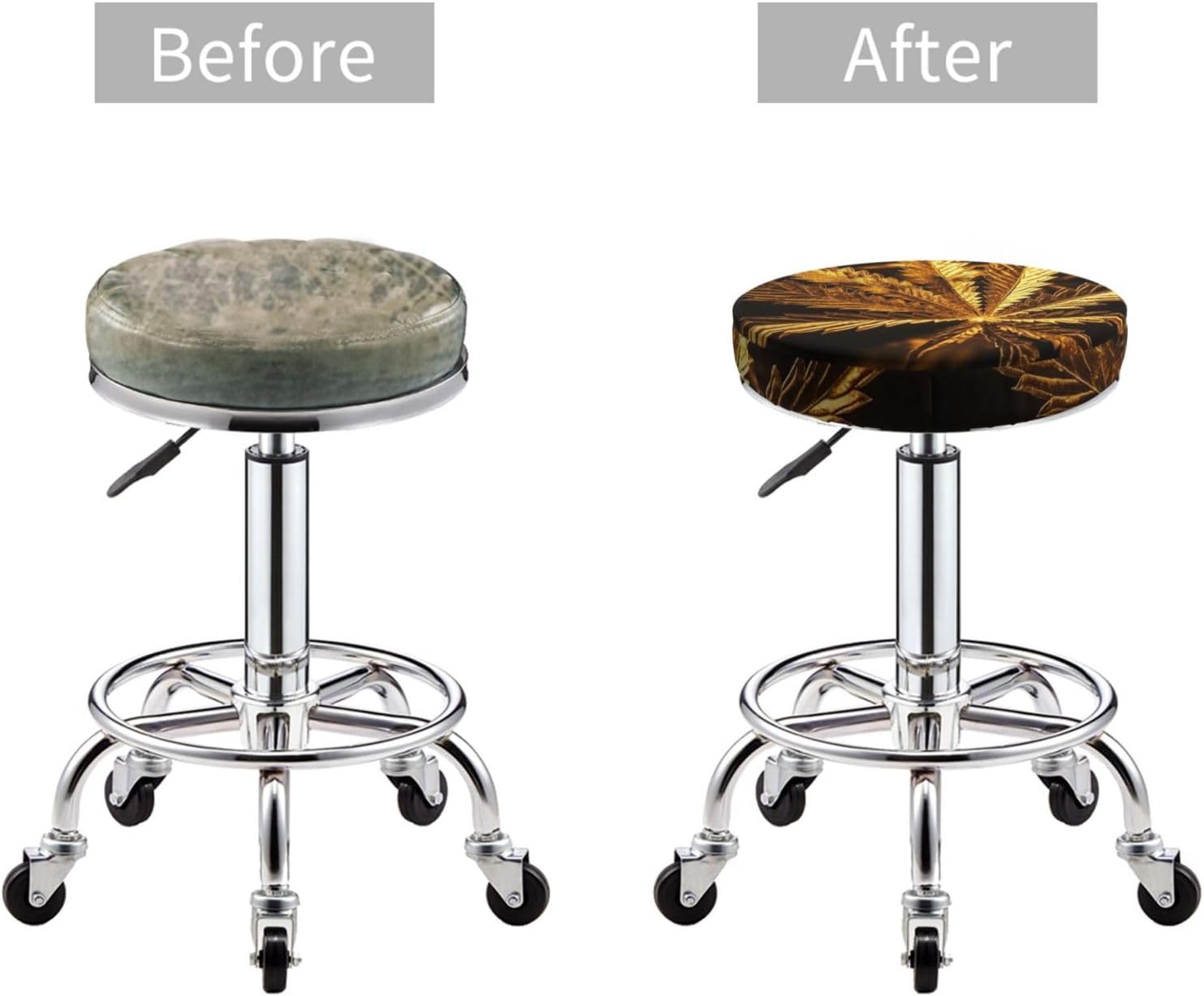 Bar Stool Cover Round Elastic Stool Cushion Covers Golden Cannabis Bar Chair Cover Washable Stool Cushion Slipcover Stretch Stool Seat Covers for 12-14 Inch Chair