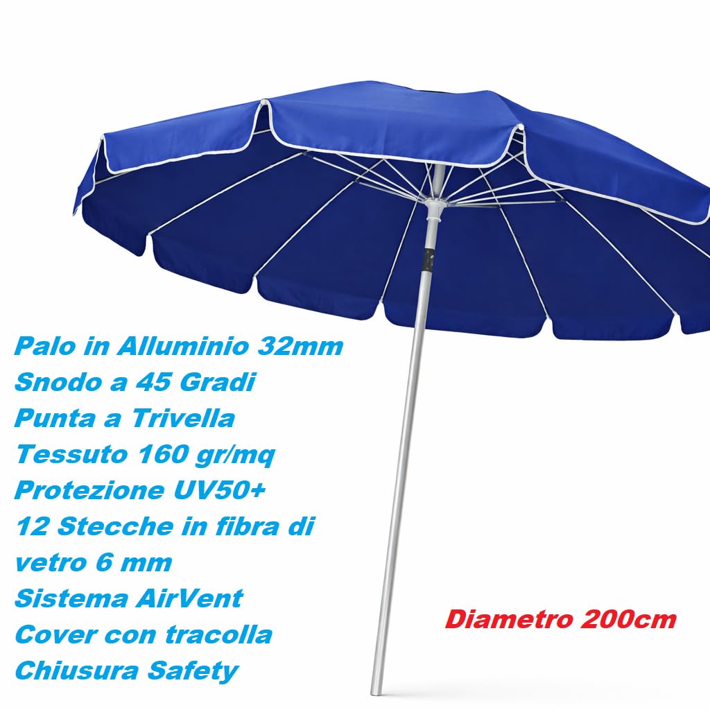 DANYX Ombrellone Mare Spiaggia 200 cm Antivento 12 Stecche Fibra di Vetro, Palo Alluminio 32 mm, UV50+ Inclinabile 45°, AirVent, Punta Trivella con Custodia