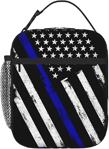 SWEET TANG Americana delgada línea azul bandera policial patrón negro caja de almuerzo reutilizable aislado bolsa contenedores
