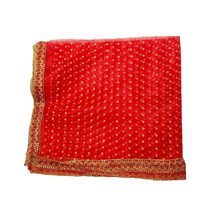 Wedding & Bridal Dupatta Women's Embroidered Net Dupatta Mata Rani Ki Chunri, Red, 2 Meter, Pooja Chunari with Golden Lace Border, Traditional Festive Decoration RED Model PB001 || MZ02-image-7