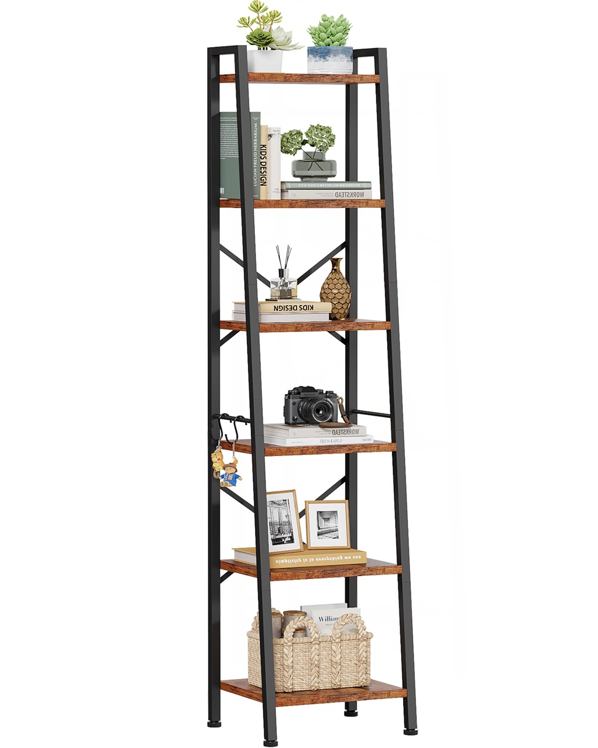 Furologee 6 Tier Ladder Shelf Bookcase, Tall Ladder Bookshelf Narrow with 2 Hooks, Industrial Metal Wooden Shelf Free Standing, Skinny Bathroom