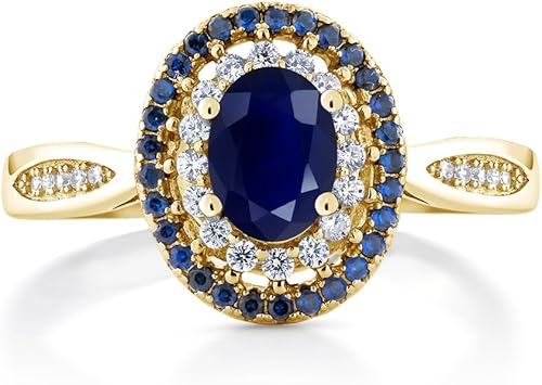 Vista 3 de Gem Stone King Anillo de plata chapada en oro amarillo de 18 quilates de 0.276 x 0.197 in con piedra preciosa ovalada con doble halo, compromiso