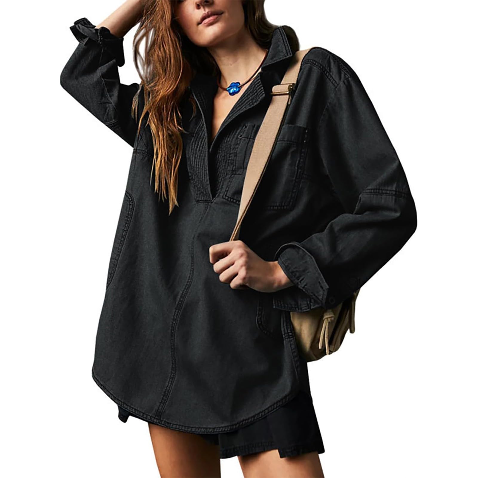 Camisa estilo vaquero para mujer, manga larga, cuello en V, informal