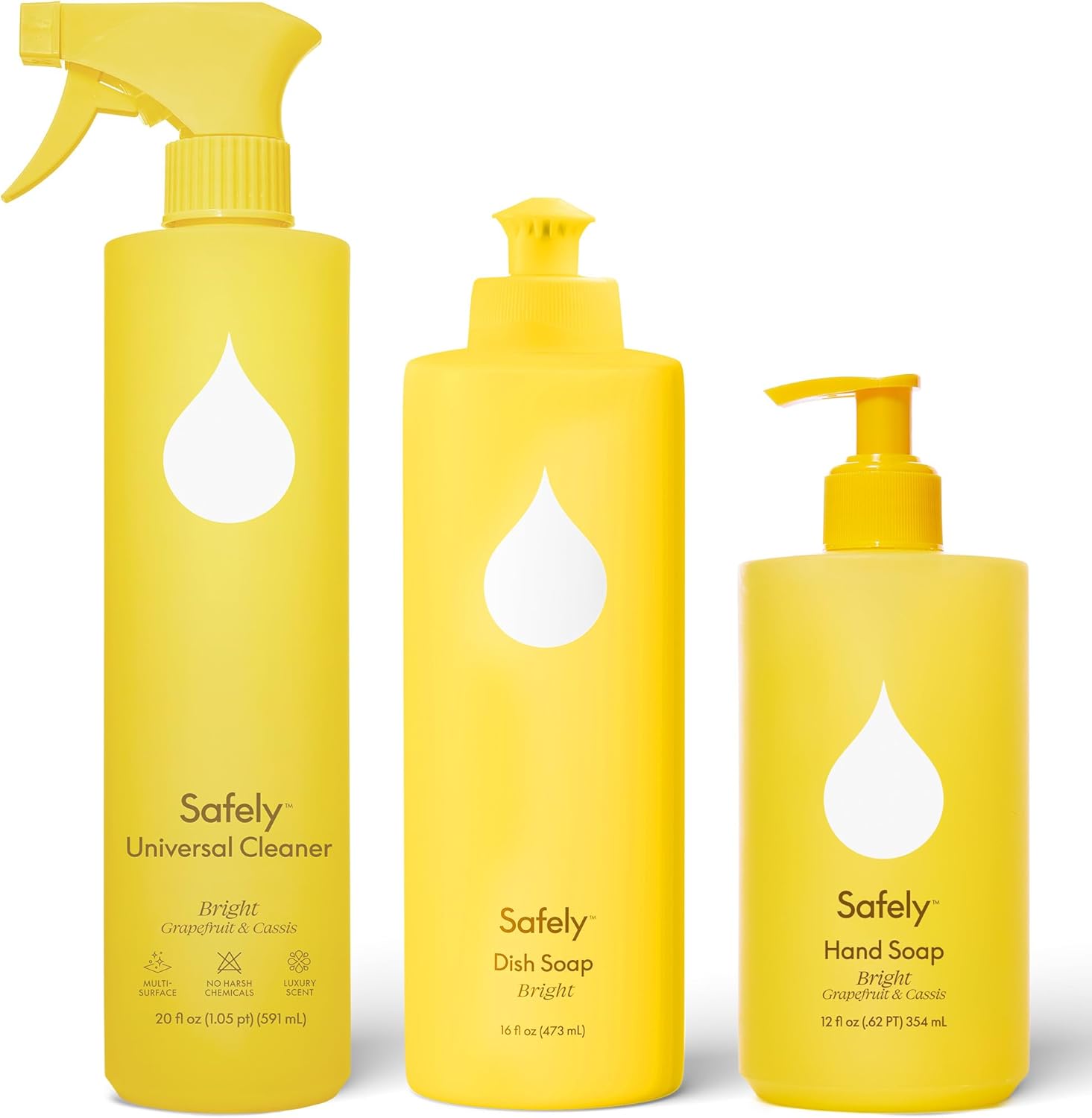 Safely Kitchen Cleansing Essentials Kit–Universal Cleaner 20 Fl Oz, Hand Soap 12 Fl Oz & Dish Soap 16 Fl Oz, Gentle & Safe for Skin, Removes Dirt, Grease & Impurities, Bright Grapefruit & Cassis Scent