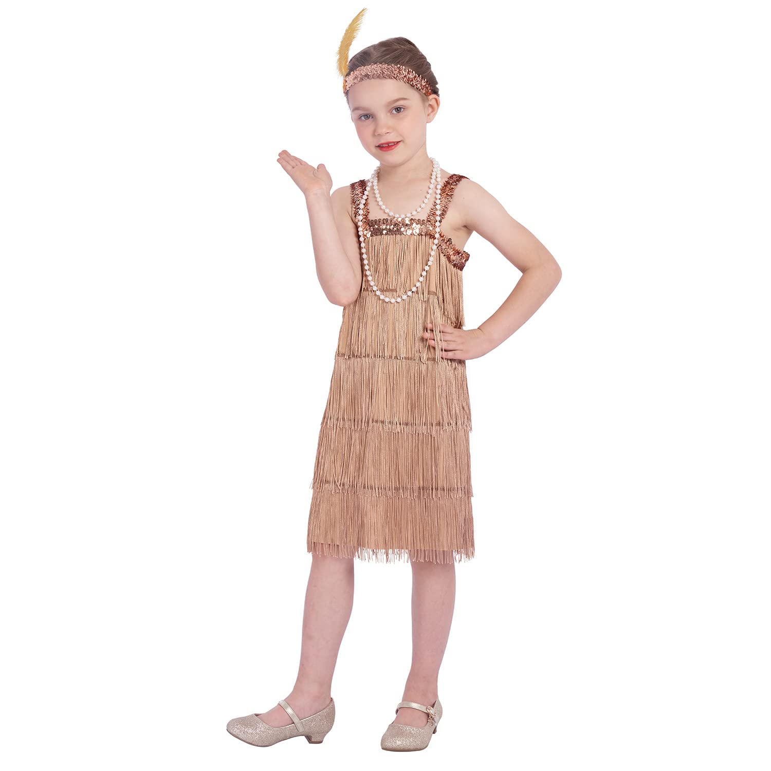 Sincere Party Roaring the 20s Flapper Costume Dress with Pearl Necklace,Feather Headband for Girls