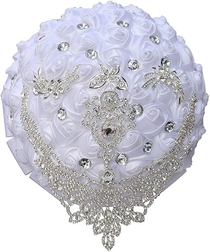 Ramo de novia de lujo hecho a mano con rosas de seda grandes, ramos de flores artificiales con cinta de satén, perlas de diamantes de imitación para