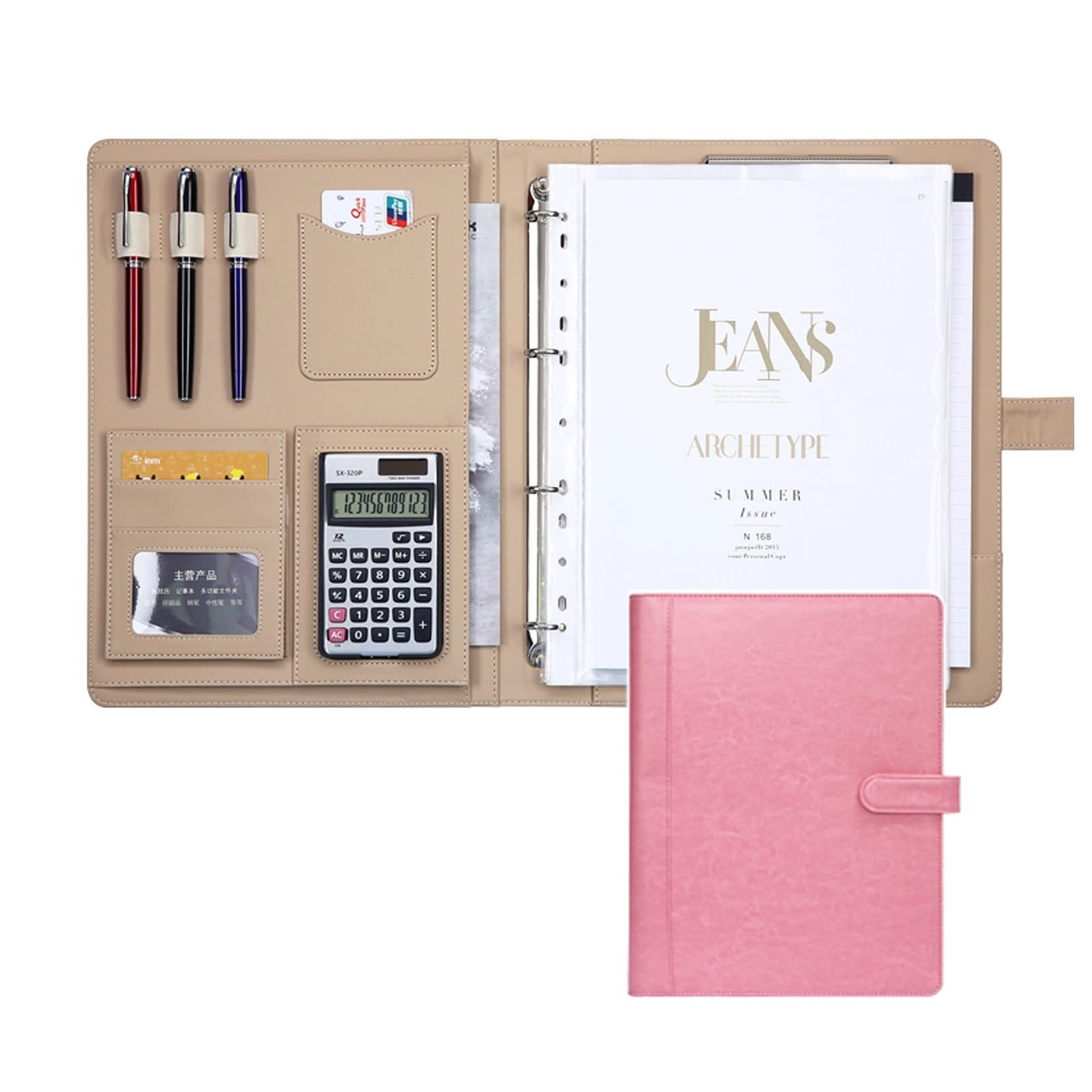 Teczka konferencyjna A4 z notatnikiem formatu A4 (papier notatnika w zestawie), etui na karty, kieszenie na konferencję biurową szkoły biznesowej (Color : Pink B, Size : 12-digit calculator)