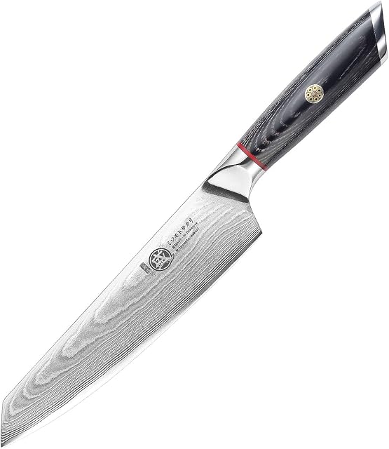 MITSUMOTO SAKARI 18 cm Japońskie Noże Kuchenne Kiritsuke, Nóż Szefa Kuchni AUS-10 Damascus, Ręcznie Kuty Profesjonalny Nóż Szefa Kuchni (Drewniany Uchwyt PakkaWood i Pudełko Upominkowe)