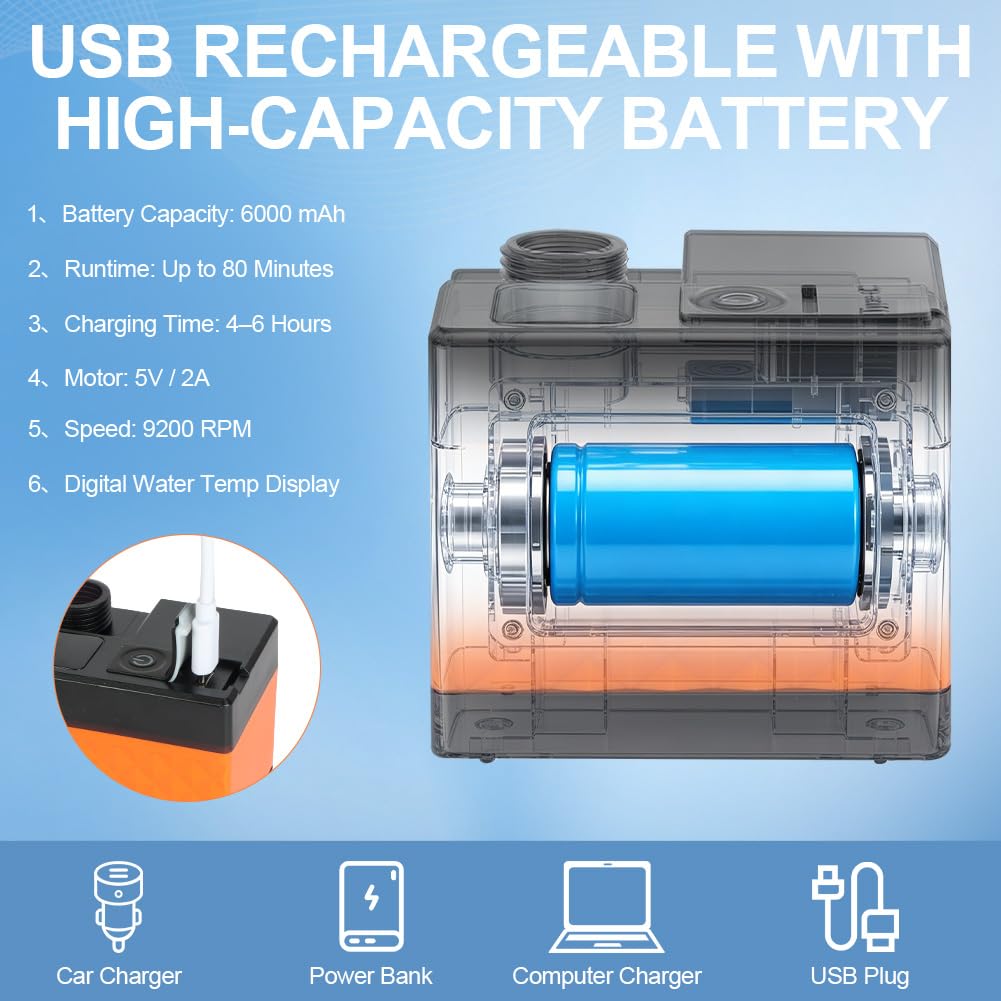 Doccia da Campeggio, Doccia Portatile Ricaricabile, kit di lavaggio impermeabile ricaricabile, 6000 mAh Batteria, Tubo 2 m, 3 modalità di spruzzo regolabile per Spiaggia, Auto, Animali, Giardino