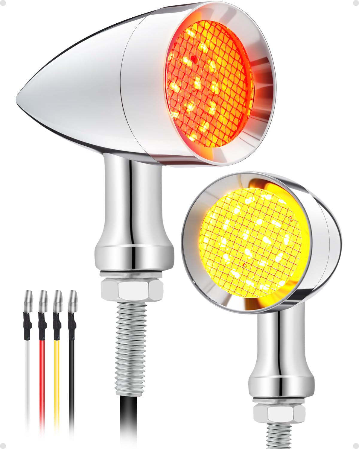 PBYMT Motorcycle Rear Turn Signals LED, 24 LEDs Bullet Blinkers Chrome Amber Lights Compatible for Harley Honda Kawasaki Suzuki Triumph Yamaha (2PCS)