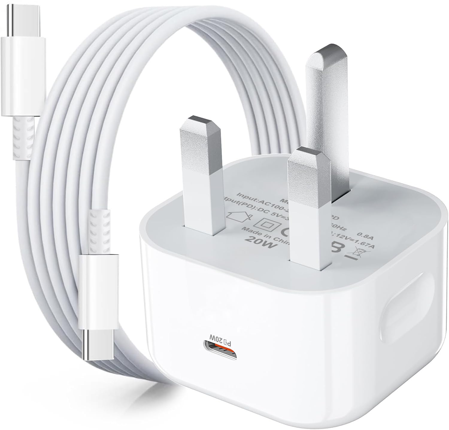 iPhone 15 16 USB C Charger 20W PD Type-C Fast Charger UK Wall Plug Power Adapter for iPhone 15 Pro/15 Plus/15 Pro Max/16/16 Pro/16 Plus/16 Pro Max, Included 6FT USB-C Cable