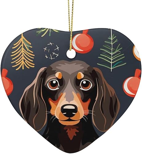 Adornos de cerámica de perro de Navidad de dos lados impresos adornos de Navidad perro salchicha perro Navidad árbol de Navidad decoraciones regalo