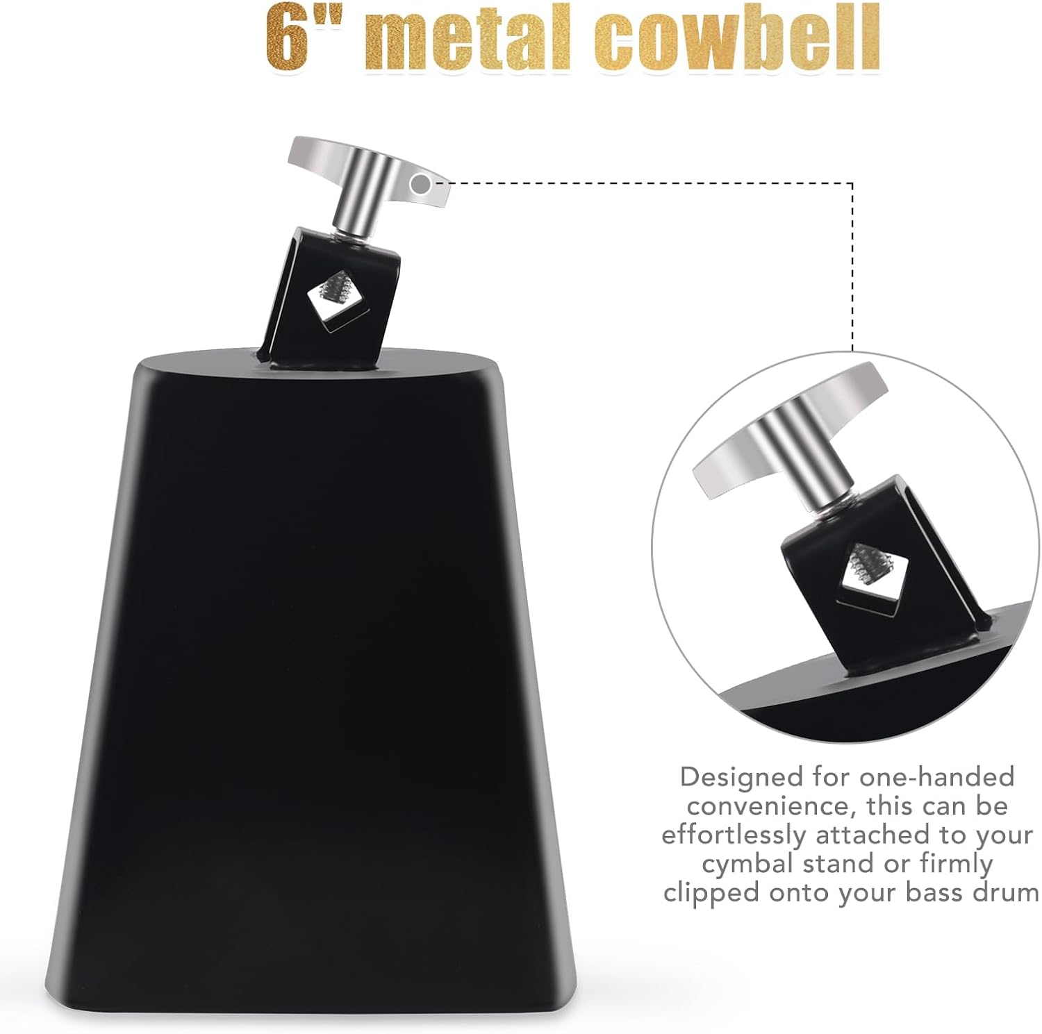 6" Cowbell and Cowbell Clamp, Cowbell for Drum Set, Cowbell Holder Percussion Accessory, Adjustable Drum Cowbell Mount for Bass Drum Hoop Up or Down, Cow Bell Musical Instrument with Drum Key