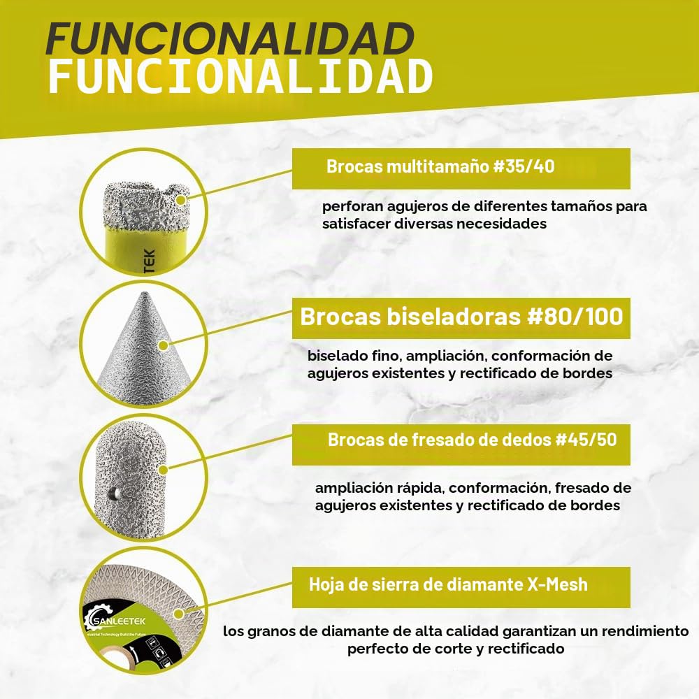 Juego Brocas Diamante 6/6/8/25/35/50/68mm+10mmBroca Fresado+50mmBroca Chaflán+115mmDisco Diamante+Adaptador Dentado Sierra Perforadora Cerámica Porcelánico Mármol Granito M14 Rosca