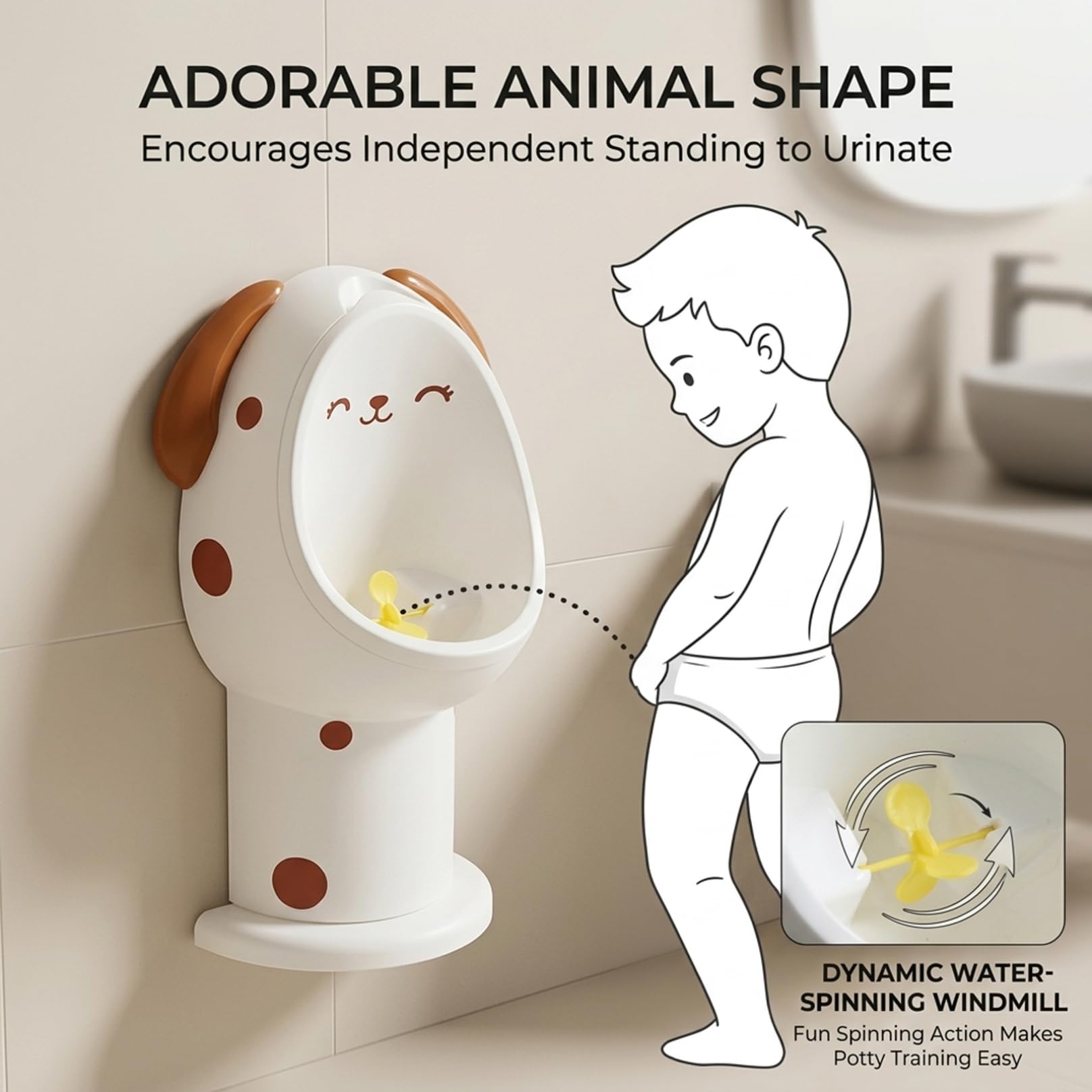 Orinal infantil para niños con divertido diseño de molino de viento, urinario infantil de altura ajustable montado en la pared para niños para entrenamiento de orinal