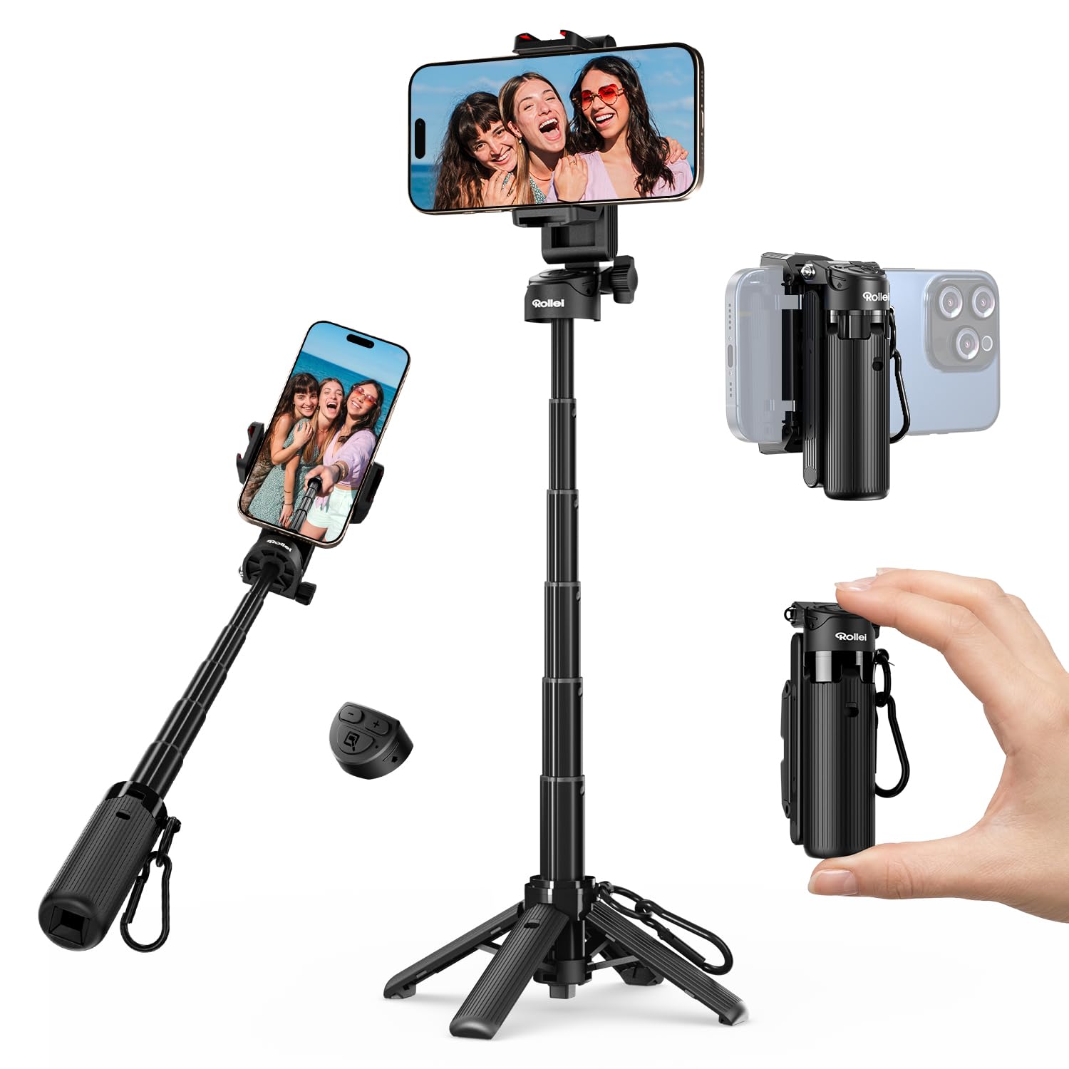 Rollei Easy Creator SmartGrip Mobile Phone Tripod 3-in-1 Extendable Selfie Stick with Remote Control for iPhone Android Portable Mini Mobile Phone Tripod with 2 Cold Shoes