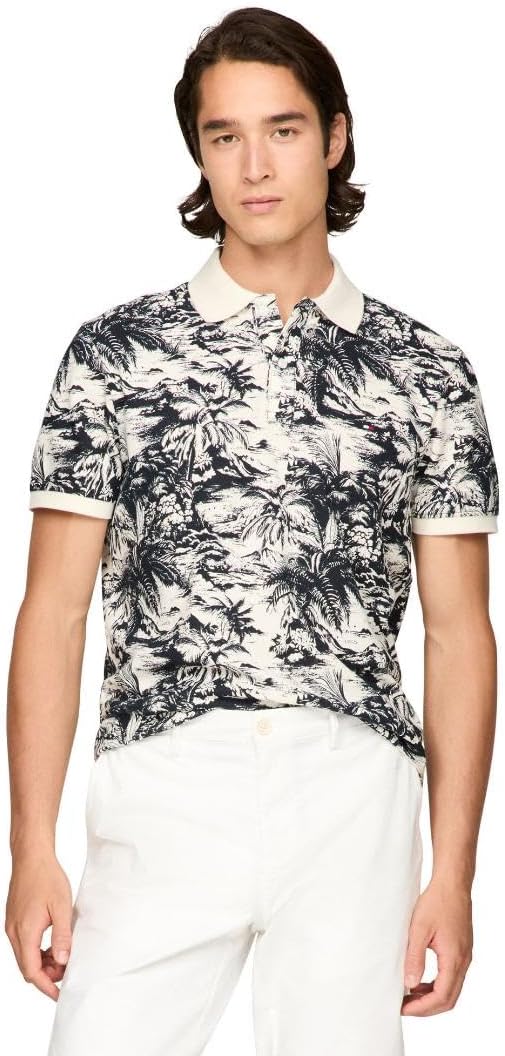 Tommy Hilfiger Mens Short Sleeve Linen Polo Shirts in Regular Fit with Tropical Print Designs
