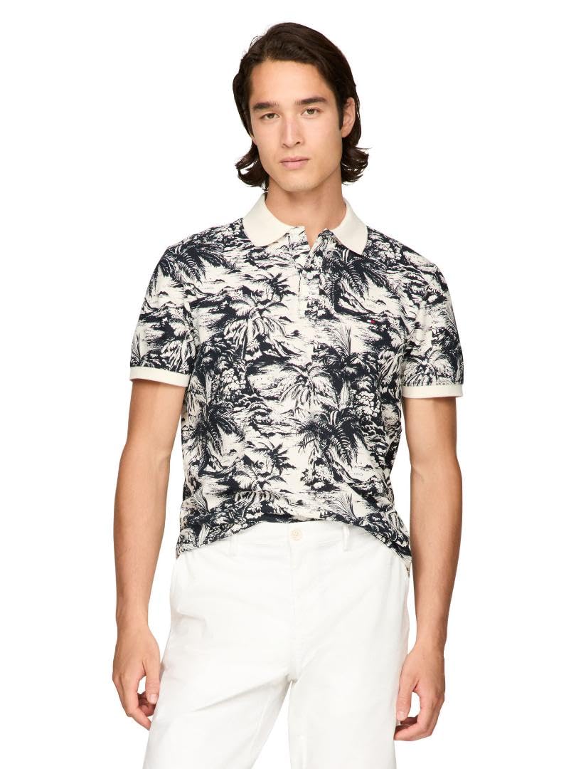 Men's Short Sleeve Linen Polo Shirts in Regular Fit with Tropical Print Designs