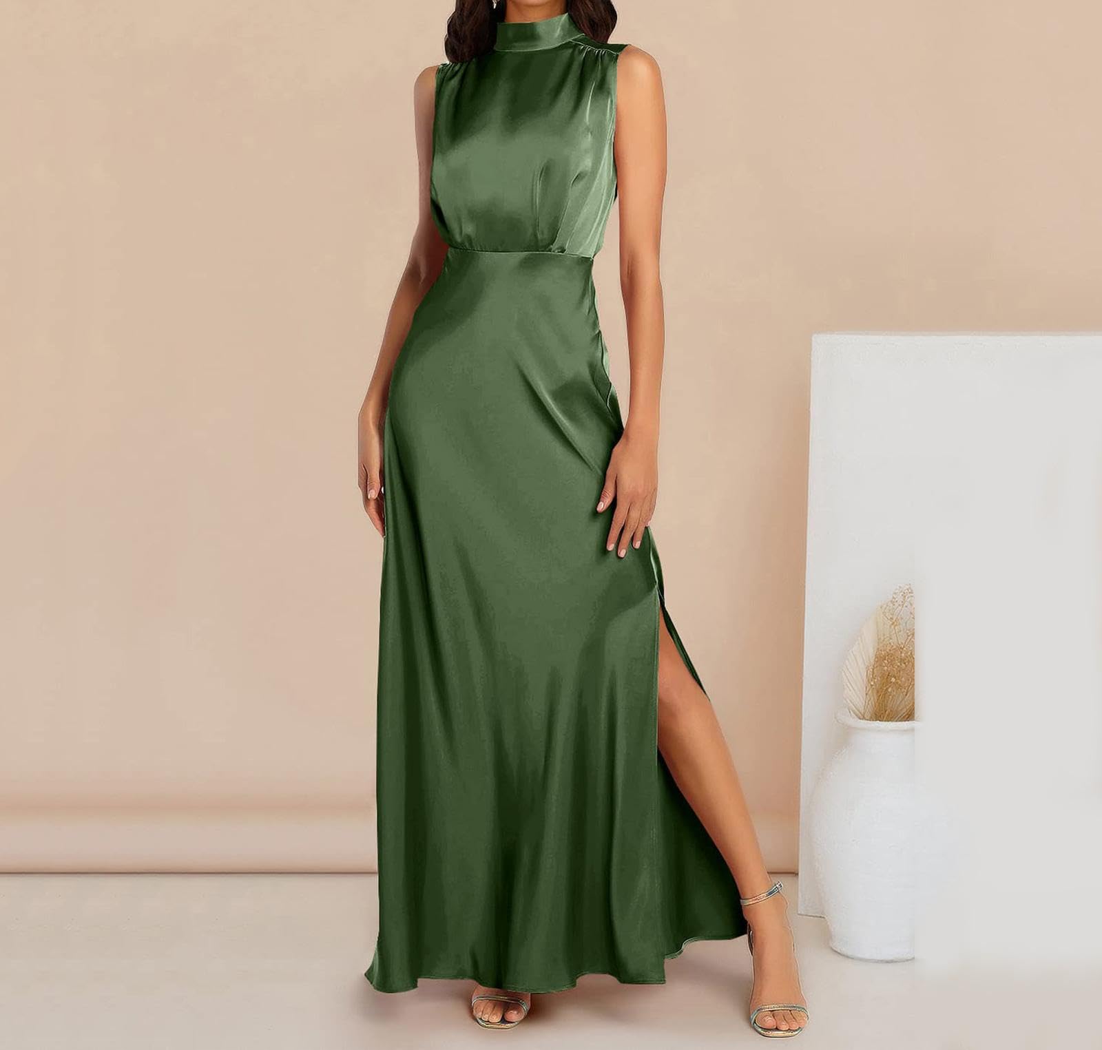 Abito da donna elegante in raso, senza maniche, a vita alta, per matrimonio, formale, per cocktail, per feste