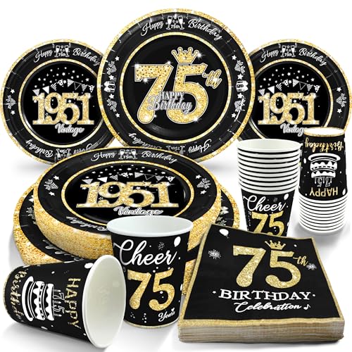 Image of 75th Birthday Decorations Black and Gold, Service for 30, Vintage 75th Birthday Party Supplies Includes Black Vintage 1951 Plates, Napkins, Cups, Plates and Napkins for Men Women