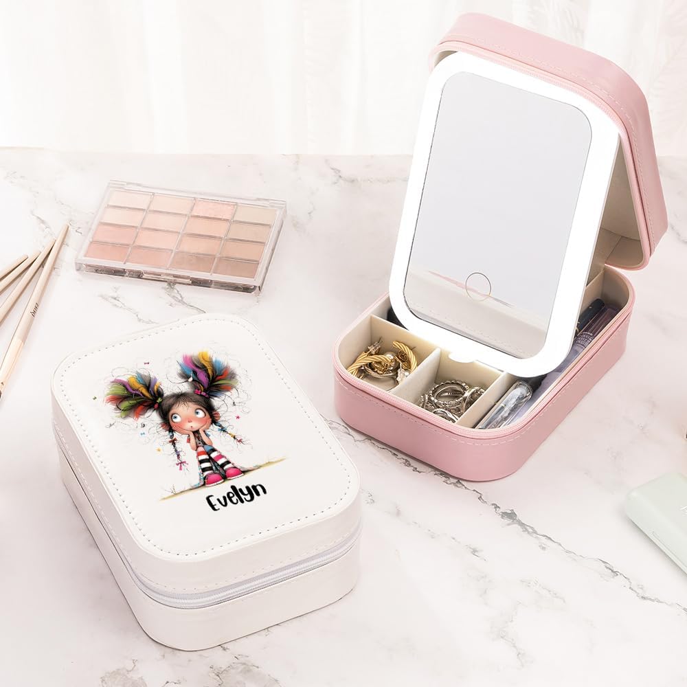 Personalized Quirky Girl Travel Jewelry Organizer with LED Mirror, Custom Name Leather Jewelry Box 15 Styles Option Gift for Family Friend