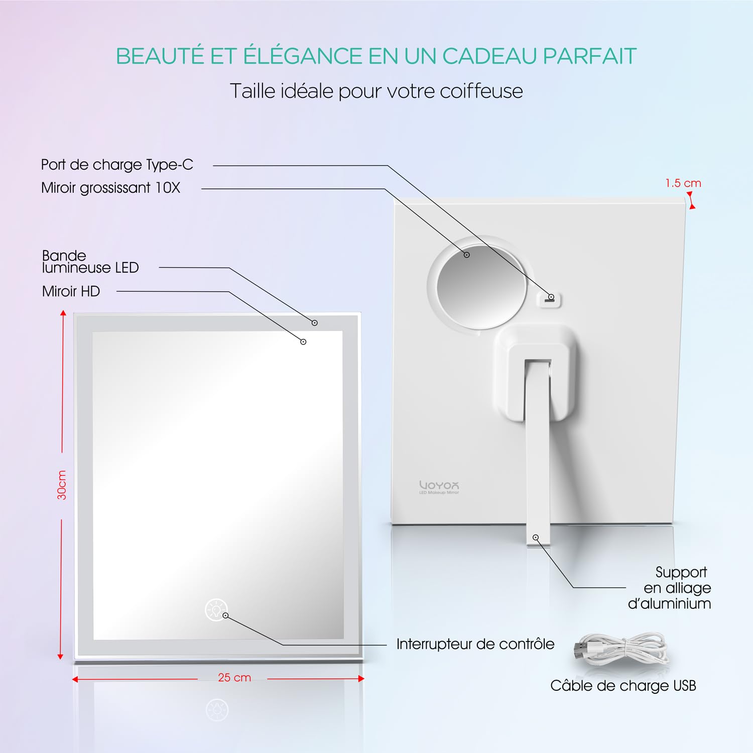 VOYOR Miroir Coiffeuse avec Éclairage, Miroir LED Rechargeable, 30x25cm | 3 Modes, Luminosité Réglable, Grossissement 10X, Commande Tactile, Facile à nettoyer, Miroir Table LED Éclairé, CM300