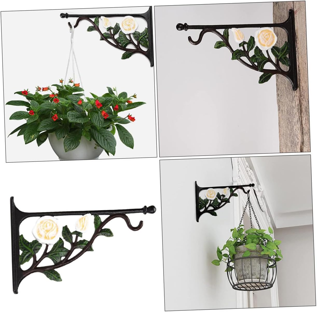Cast Iron White Rose Pattern Wall Mounted Hanging Bracket for Flower Pots Bird Feeders Wind Chimes Balcony Bonsai Metal Hook for Indoor Outdoor Garden Decor