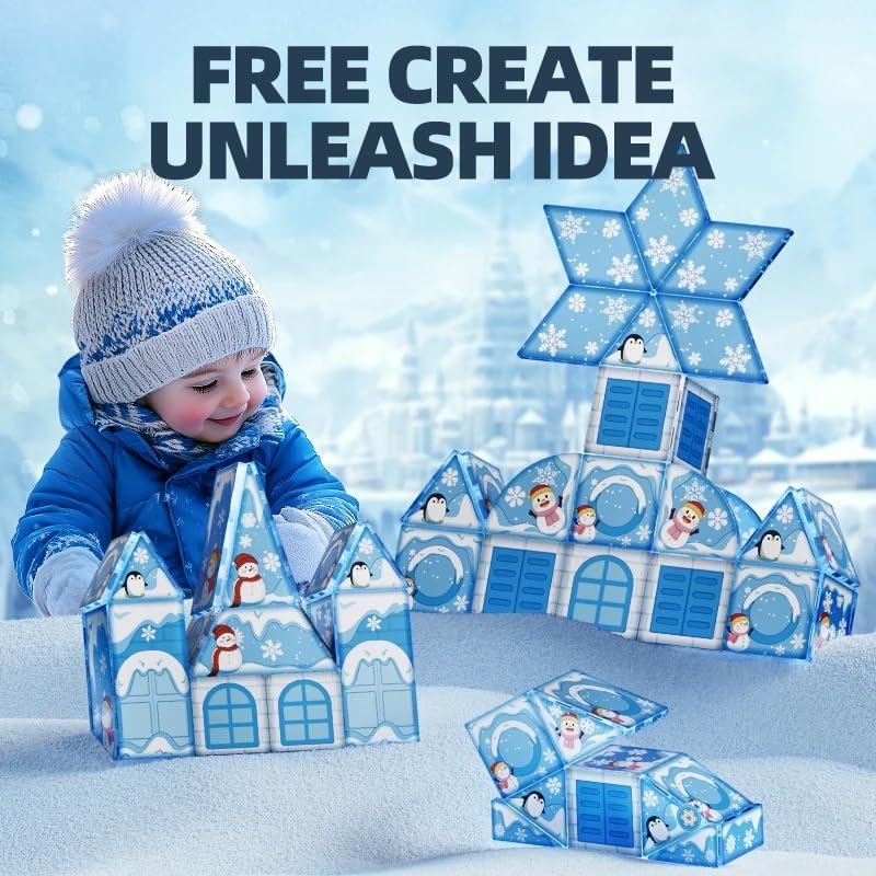 Image of Happy Hues Light Magnetic Tiles- Building Blocks for Kids 3D STEAM Educational Toys, Magnetic Marble Run /Toys for Kids Age 3 +Year Old Boys Girls Creative Gift (Snowy)