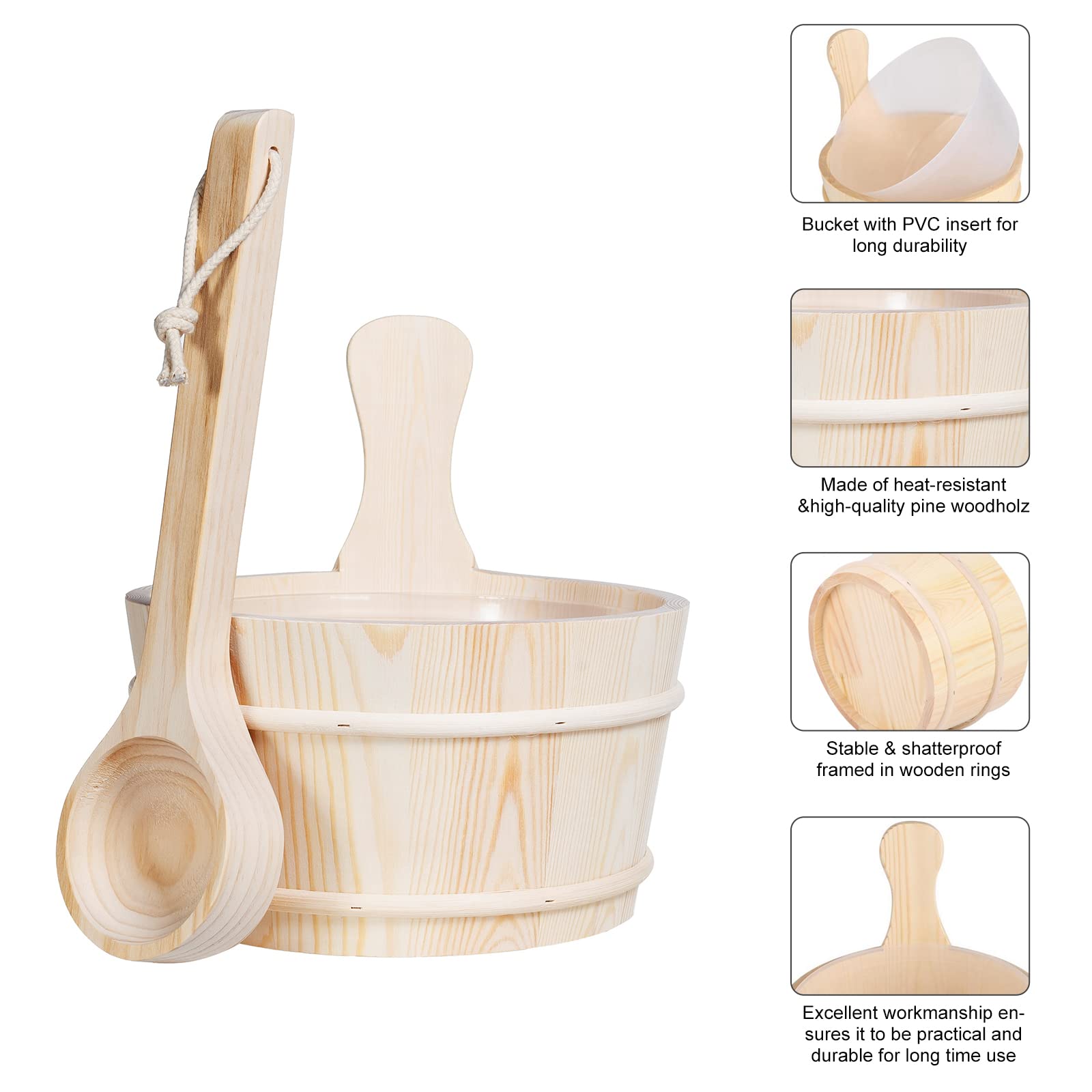 Saunazubehörset 5-Teilig Saunaeimer Set, Naturbelassenem Holz Saunakübel Saunakelle, Sauna Eimer Set, Temperaturmessgerät | Sanduhr (A)