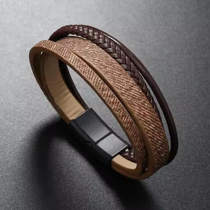 Image of THE MEN THING Leather Bracelet for Men - American Style Genuine Leather Multi-Layer Braided Bracelet with 100% Stainless Steel Magnetic Buckle for Men & Boys (8 inch)