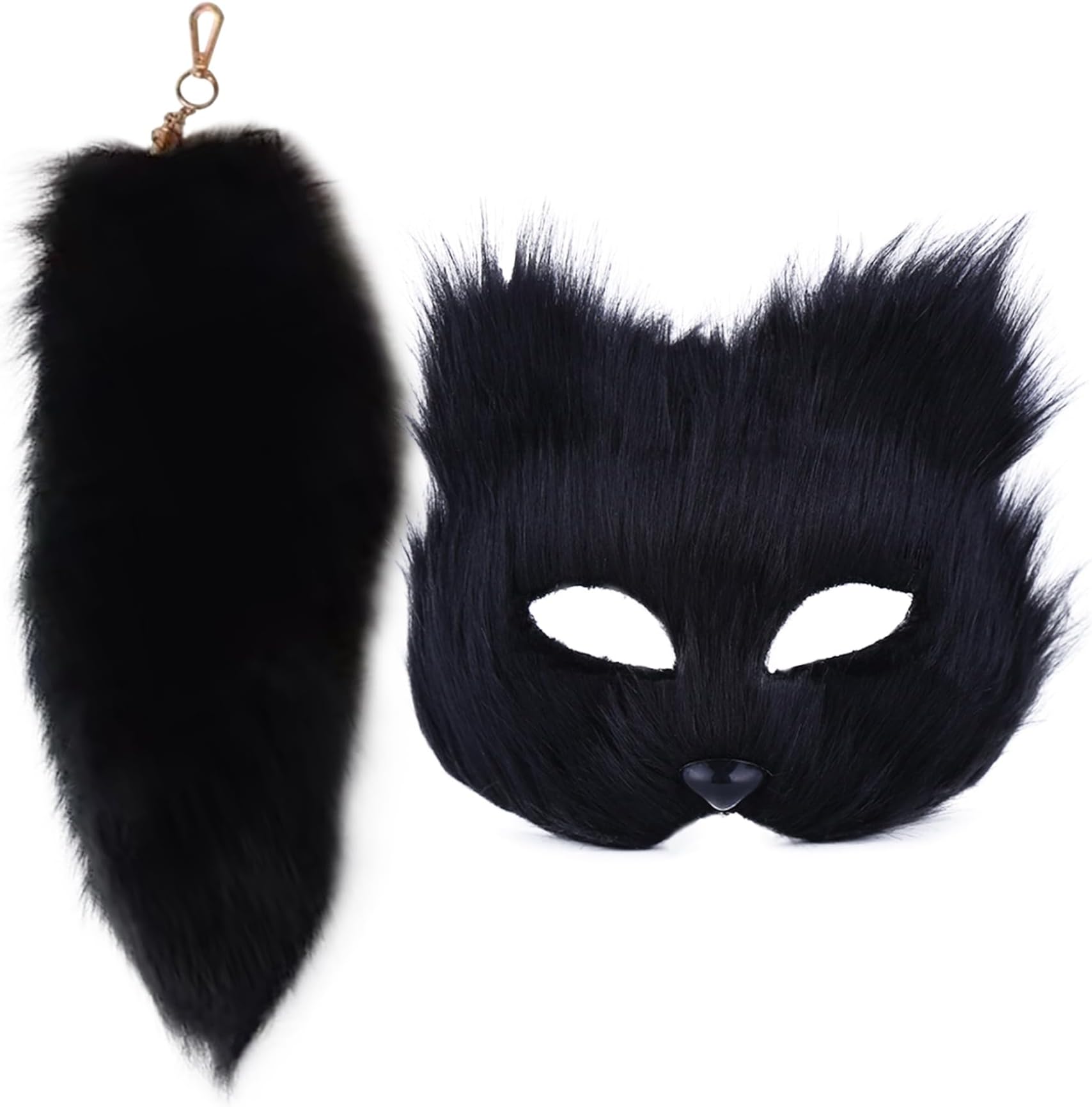 Therian Mask Therian Set Tail Cat Mask Furry Mask & 16'' Long Fox Tail Wolf Mask Keychain Half Face Masquerade Mask for Cosplay Fancy Party Black