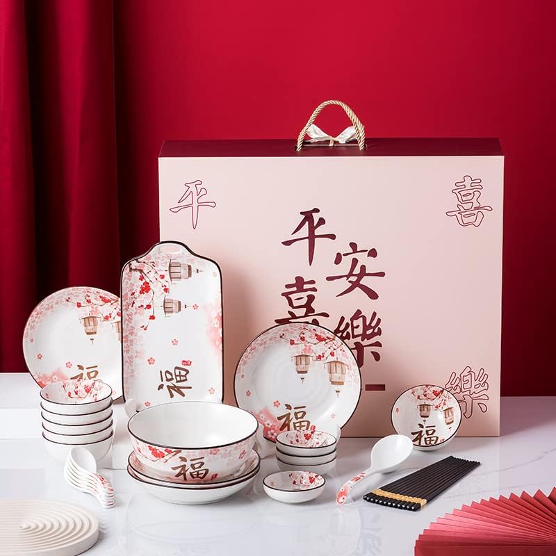 29 Pieces Japanese Chinese Style Dinnerware Set Ceramic Kitchen Dinner Combination Set with Rice Bowls Ramen Bowl Plates Dip Dish Chopsticks