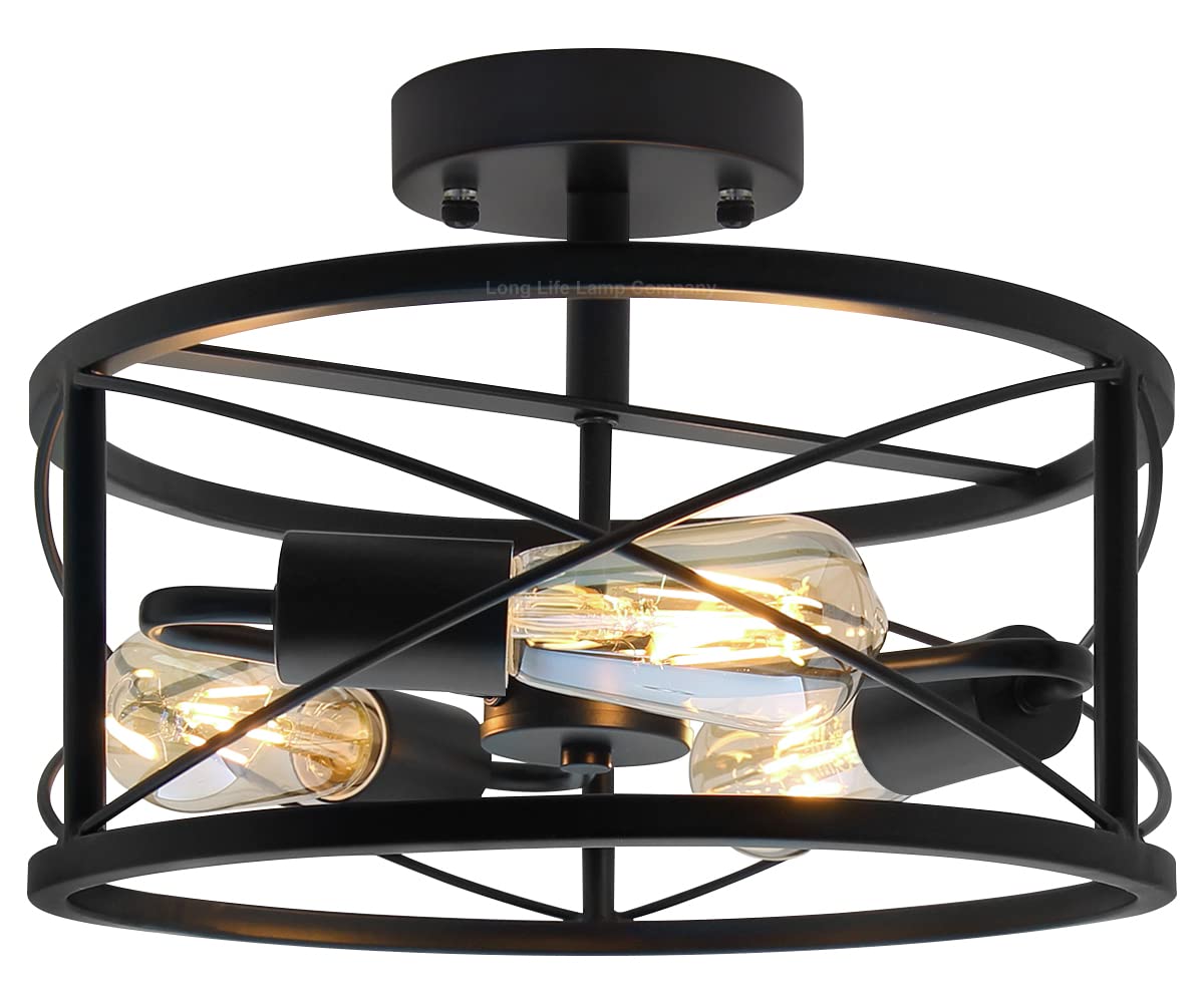 Long Life Lamp Company Black 3 Light Semi Flush Mount Ceiling Light Industrial H3023