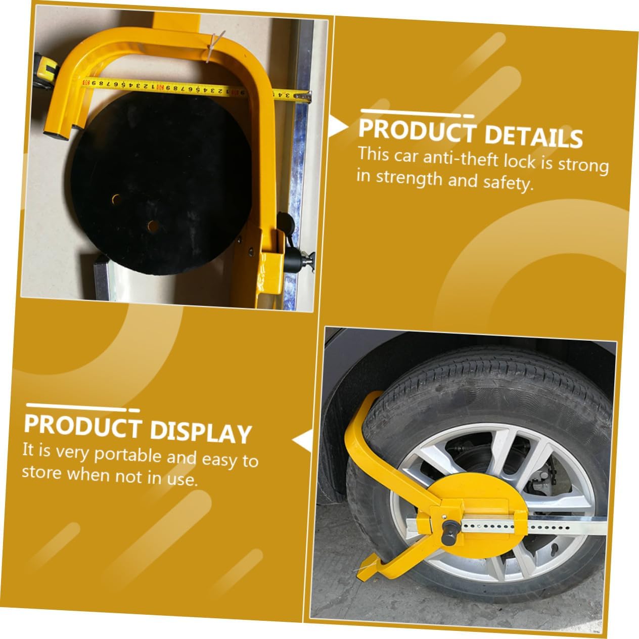Car Wheel Clamp Anti-Theft Lock Portable Fork Parking Security Device for Vehicles Easy to Store and Use Yellow