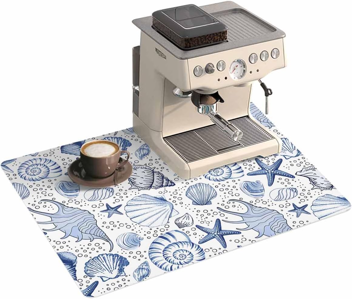 Starfish Seashells Coffee Mat For Countertop Coffee Bar Accessories,Absorbent Quick Dry Dish Drying Mat Hide Stain Non-Slip Pad For Kitchen CoffeeMaker, Blue Beach Boho Nautical Coastal Ocean 16"x24"
