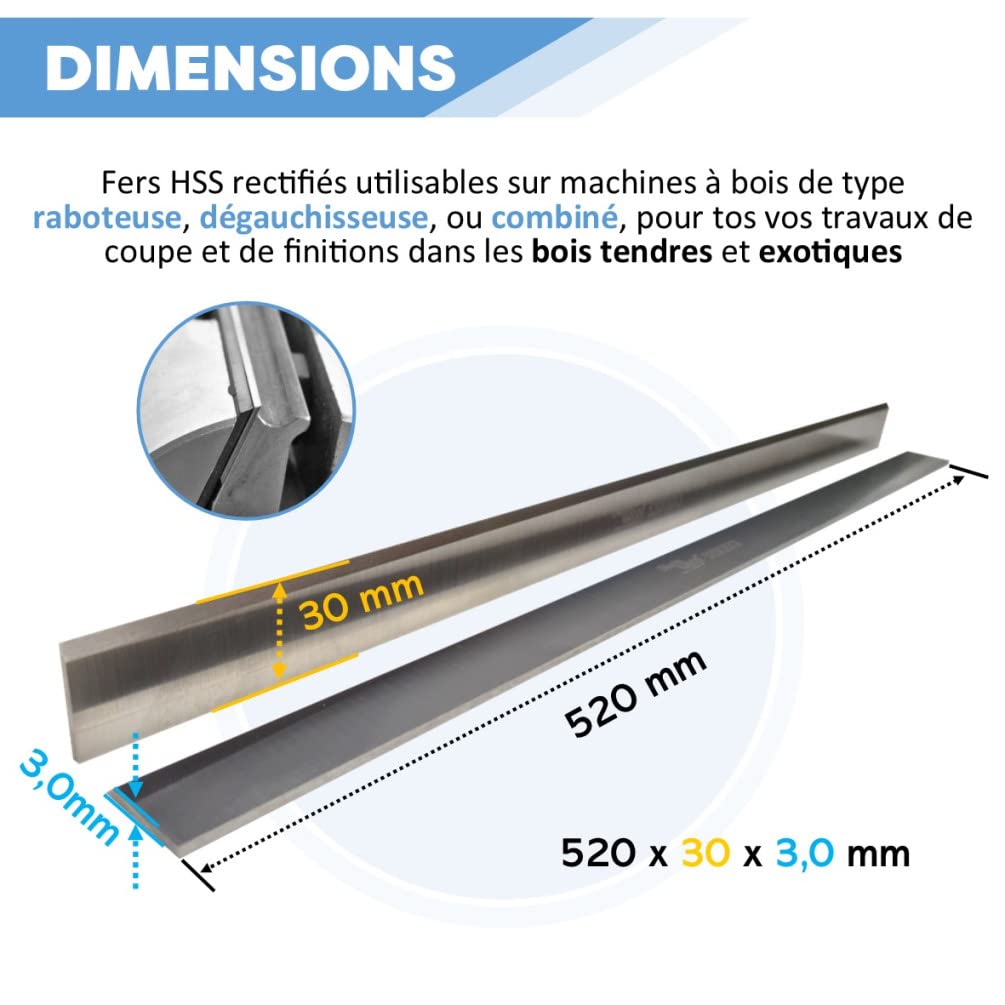 DIAMWOOD - 2 X Fers de Rechange pour Raboteuse ou Dégauchisseuse | Lames de Rabot Réaffutables | 520 x 30 x 3 mm | Outil de Travail du Bois Dur ou Bois Tendre | Acier HSS