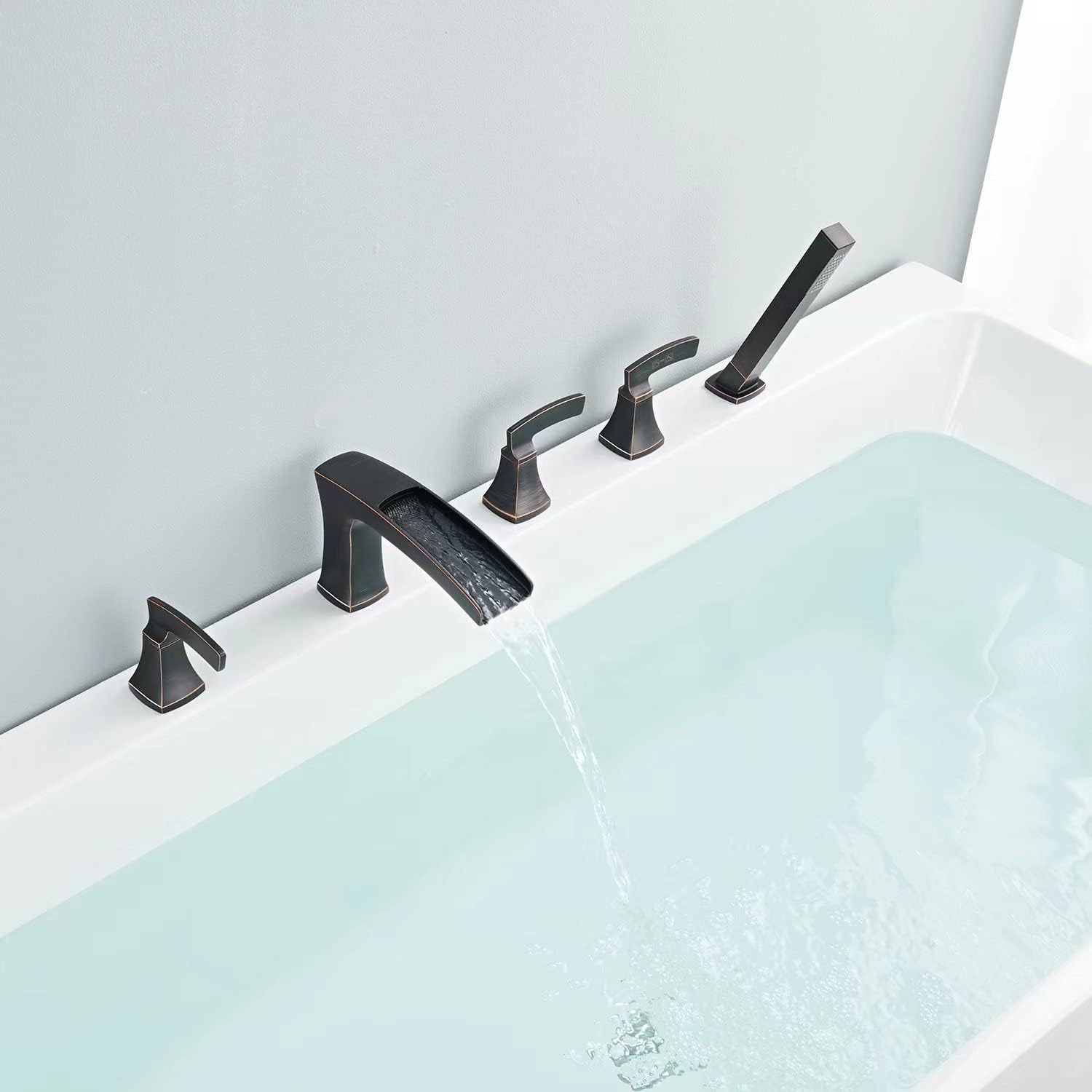 Waterfall Roman Tub Faucet Bathtub Faucets Oil Rubbed Bronze Deck Mount Tub Filler 5 Hole Brass Bathroom Faucets with Hand Shower