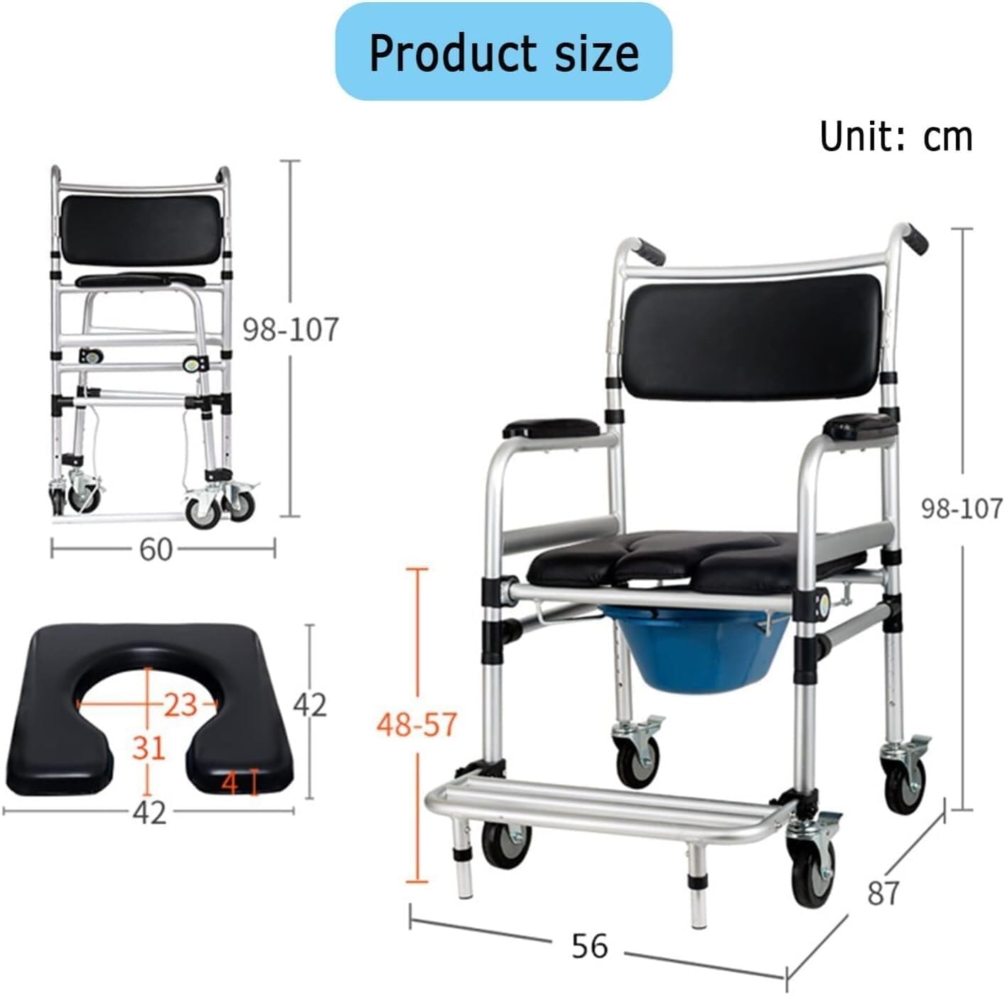 Adjustable Height Commode Chair, 4-Wheel Brakes Shower Chair with Armrests, Detachable Pot, Lightweight Stool for Handicap, Seniors, Disabled