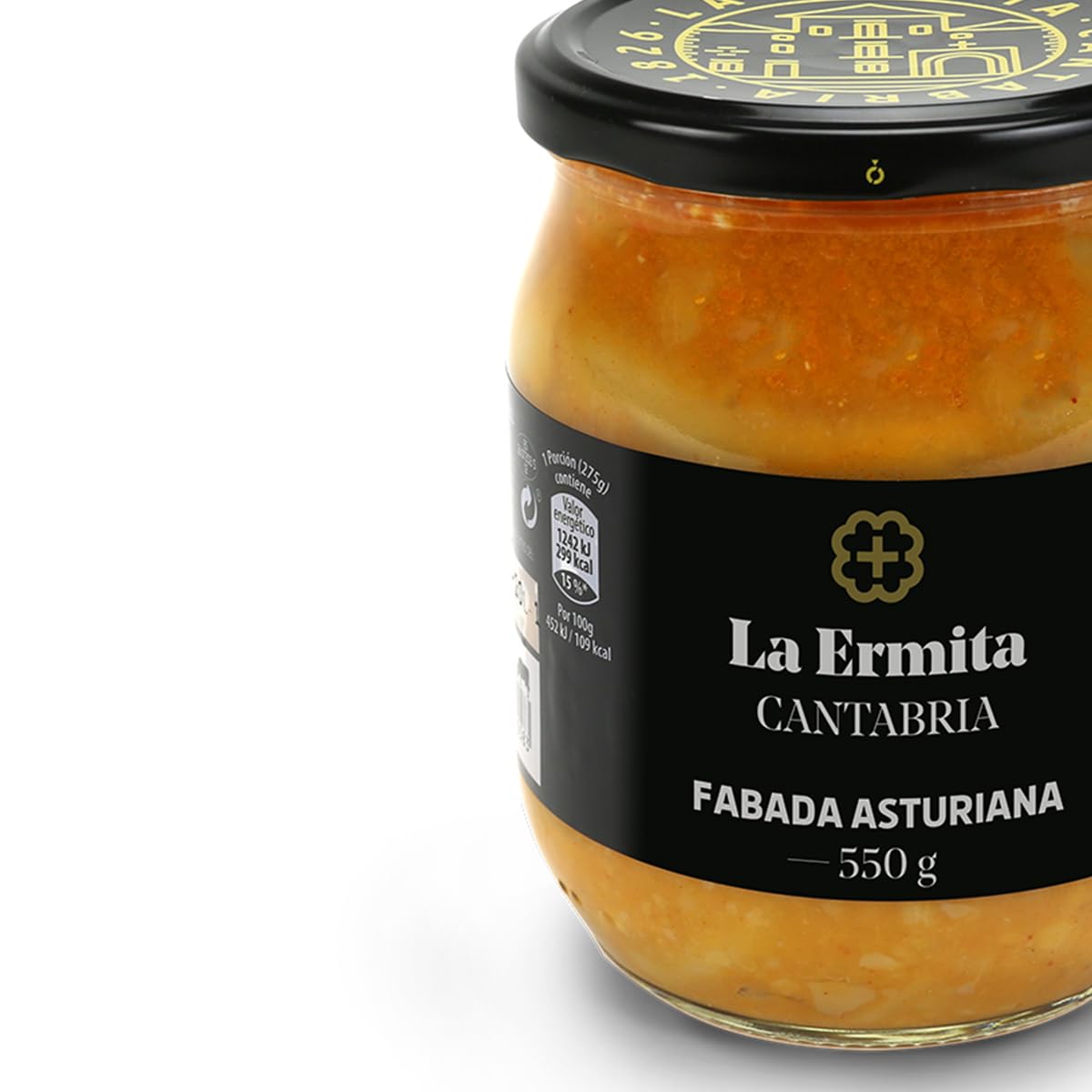 LA ERMITA Fabada Asturiana, Receta Tradicional con Fabes, Chorizo, Panceta y Morcilla, Sin Gluten, Conserva en Tarro de Vidrio, Lista para Calentar 550 g, (Pack 4 unidades)
