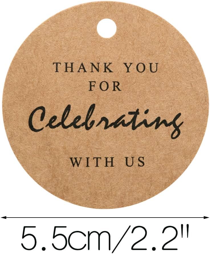 G2PLUS Thank You for Celebrating with Us Tags, 2.2in Original Design Kraft Paper Gift Tag, 100 PCS Thank You Present Tags with String for Gift Wrap, Wedding, Baby Shower, Holiday Party Favor (Brown) Kraft-celebrating