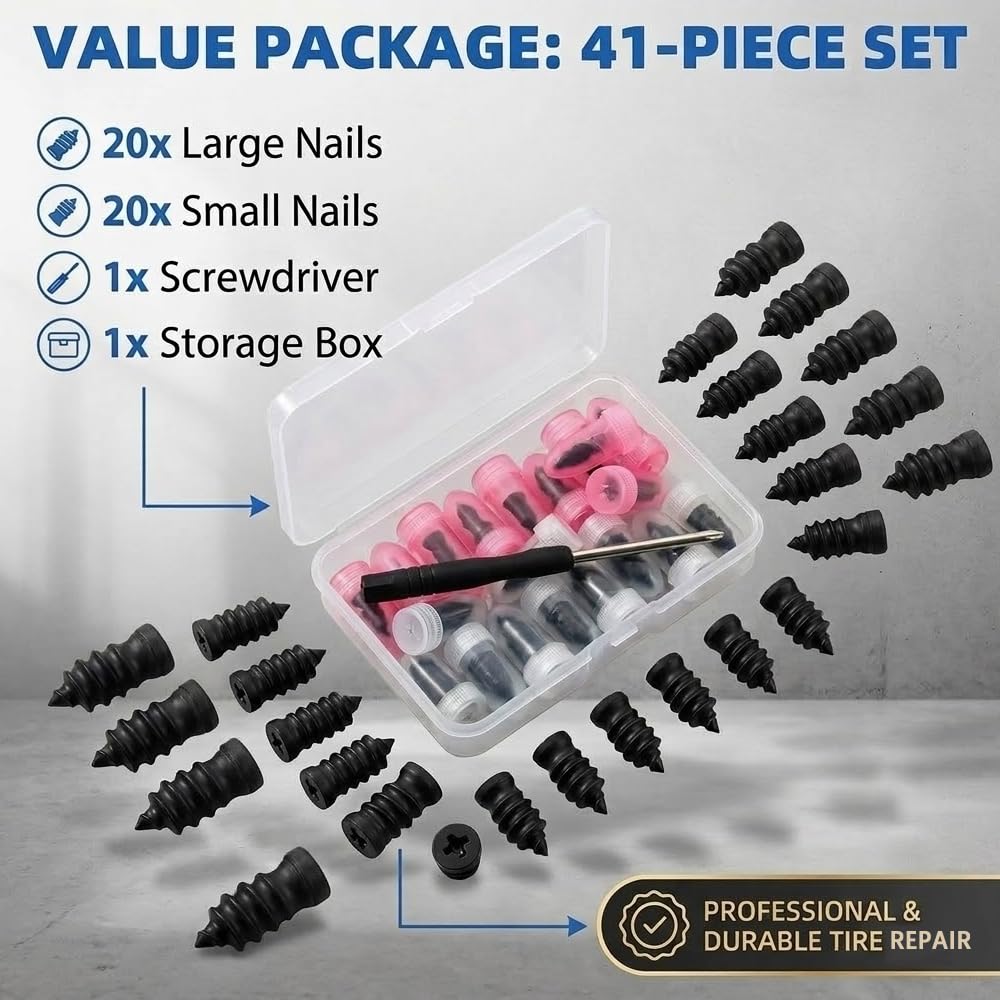 Kit de 40 Clavos para Reparación de Neumáticos (20 Grandes y 20 Pequeños) con Destornillador - Tornillos de Goma para Reparar Pinchazos en Ruedas de Coche y Moto - Sin Desmontar la Rueda — view 2
