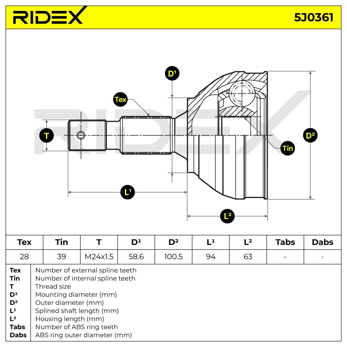 RIDEX 5J0361 Juego de articulación árbol de transmisión Compatible con PEUGEOT 508 SW I 8E