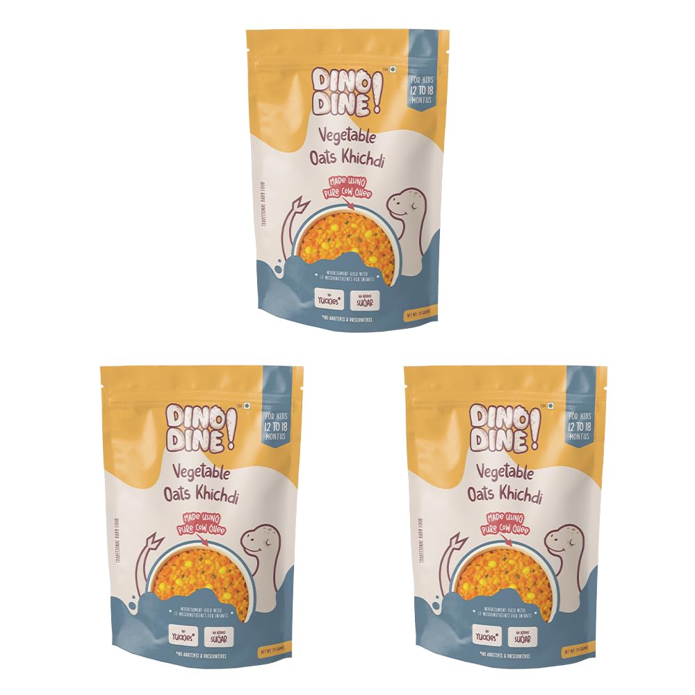 DINO DINE! Baby Food 12 to 18 Months | Vegetable Oats Khichdi | Instant Khichdi Mix for Toddlers | No Preservatives | Travel Friendly | Ready Healthy Meal in Just 5 - 10 Minutes (Pack of 3)-image-20
