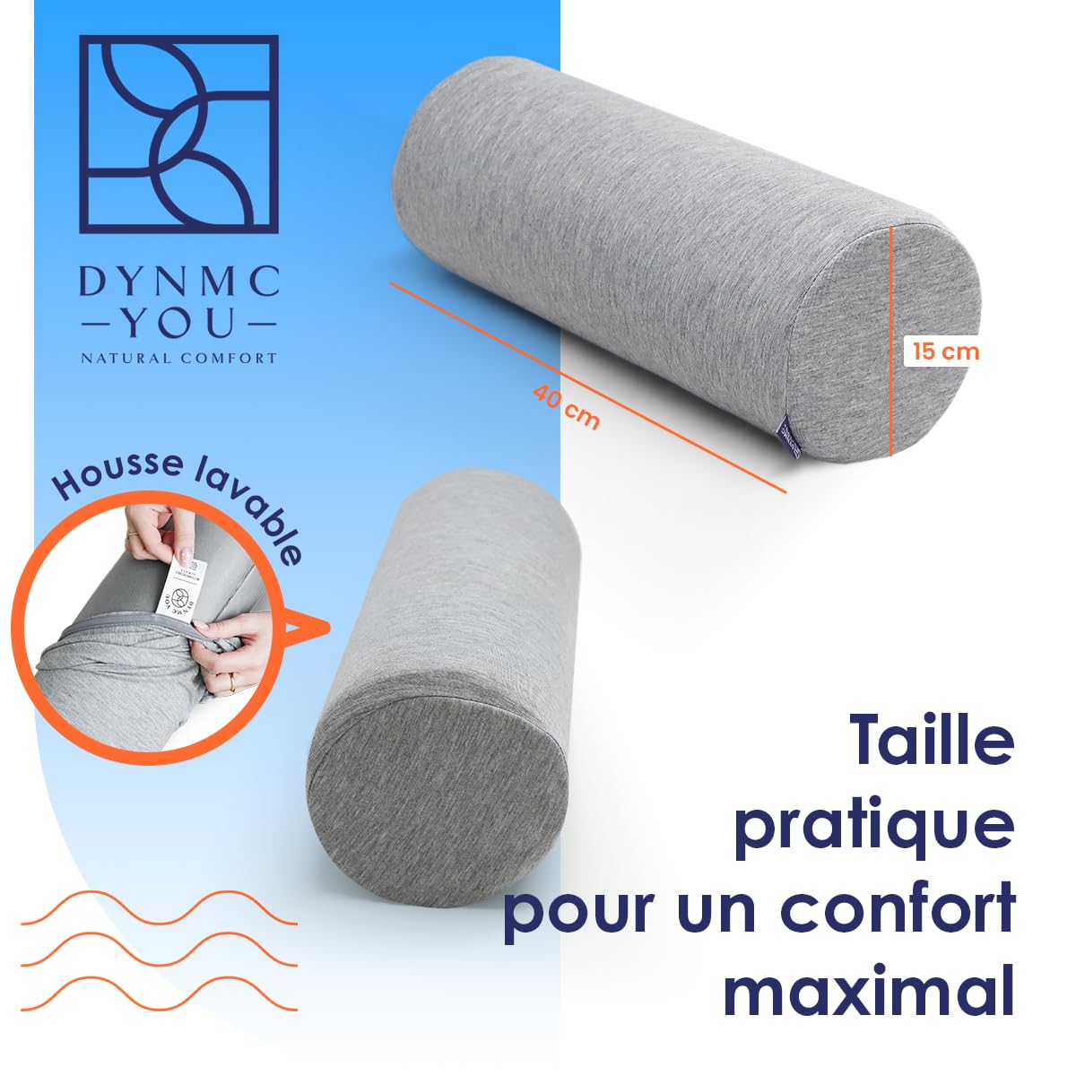 Traversin cervical 40 cm avec housse – coussin genoux & positionnement | Traversin en mousse à mémoire · pour nuque, genoux & jambes · positionnement · housse bambou lavable · OEKO-TEX