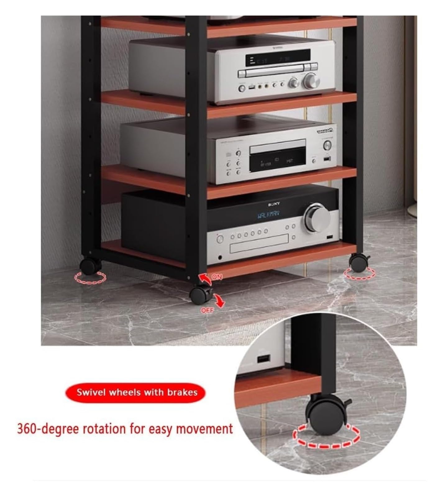 Supporto multimediale video Mensola AV HiFi regolabile a 7 livelli con ruote universali, rack audio mobile for soggiorno, camera da letto, studio(Teak color)